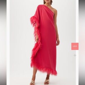 Trina Turk Largo One-Shoulder Feather Trim Caftan Maxi Dress